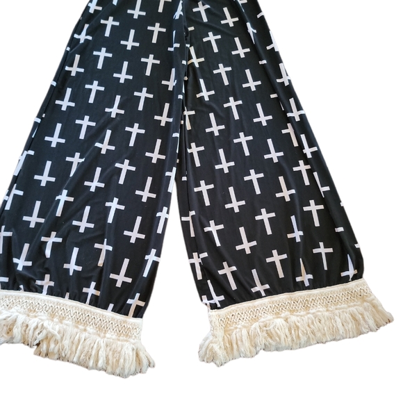 L&B Pant Flare Wide Fringe Botton Leg Cross Print Pull On Elastic Waist Sz Small - Picture 3 of 4